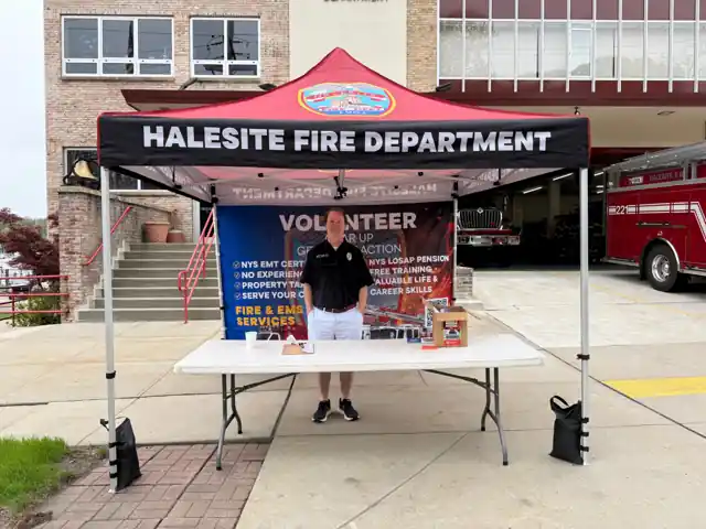 Custom printed Halesite Fire Department canopy tent with back wall and table cover